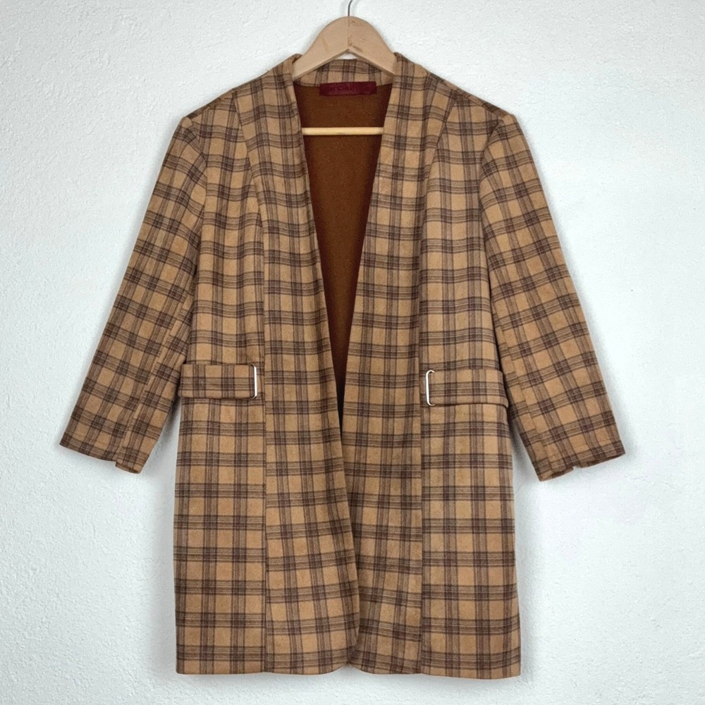 Love Scarlett Brown Plaid Blazer - L - Open Front 3/4 Sleeve Academic Career